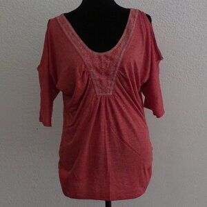 Light Red V-neck Short Sleeve Top, with silver embroidery details, Size: M